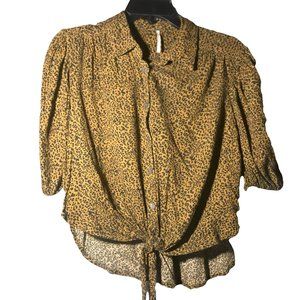 Free People Cheetah Button Down Blouse with Tie Front XS